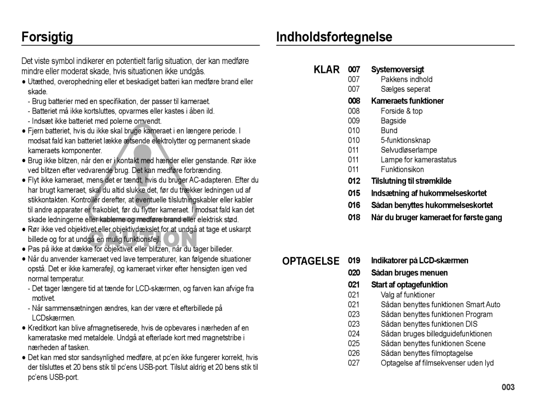 Samsung EC-ES65ZZBPPE2, EC-ES65ZZBPSE2 manual Forsigtig, Indholdsfortegnelse, Klar 007 Systemoversigt, Kameraets funktioner 