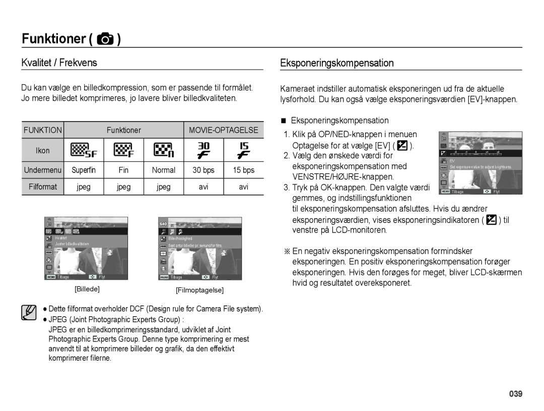 Samsung EC-ES65ZZBPPE2, EC-ES65ZZBPSE2, EC-ES65ZZBPBE2 manual Kvalitet / Frekvens, Eksponeringskompensation 