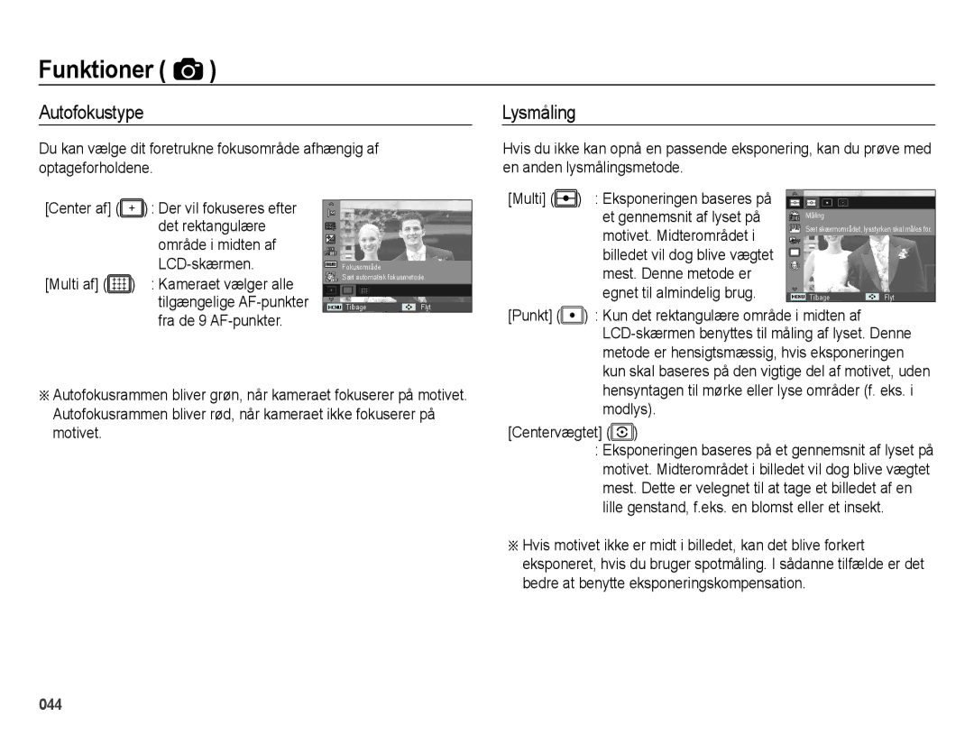 Samsung EC-ES65ZZBPSE2, EC-ES65ZZBPPE2, EC-ES65ZZBPBE2 manual Autofokustype, Lysmåling, Fra de 9 AF-punkter 