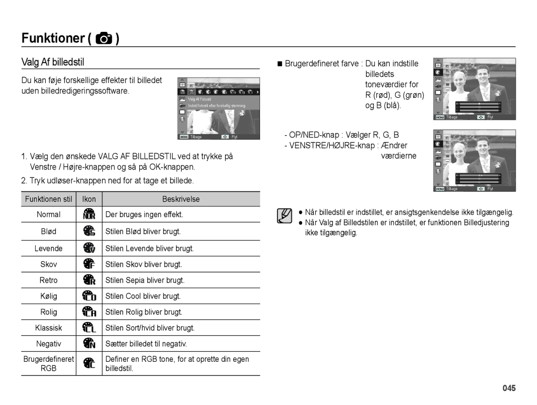 Samsung EC-ES65ZZBPPE2, EC-ES65ZZBPSE2, EC-ES65ZZBPBE2 manual Valg Af billedstil, OP/NED-knap Vælger R, G, B 