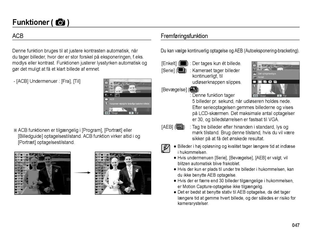 Samsung EC-ES65ZZBPSE2, EC-ES65ZZBPPE2 Fremføringsfunktion, Kontinuerligt, til, Aeb, Sikker på at få det ønskede resultat 