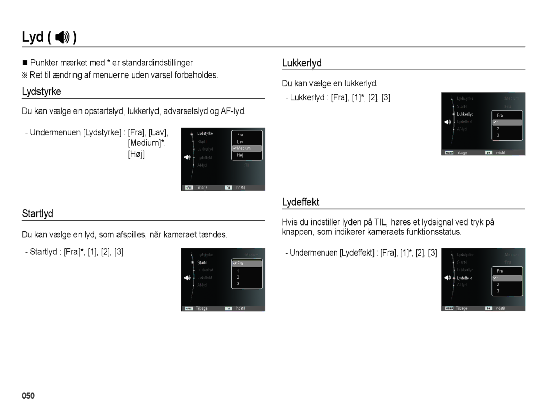 Samsung EC-ES65ZZBPSE2 Lydstyrke, Startlyd Lukkerlyd, Lydeffekt, Knappen, som indikerer kameraets funktionsstatus 