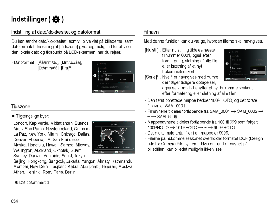 Samsung EC-ES65ZZBPPE2, EC-ES65ZZBPSE2, EC-ES65ZZBPBE2 manual Indstilling af dato/klokkeslæt og datoformat, Tidszone, Filnavn 