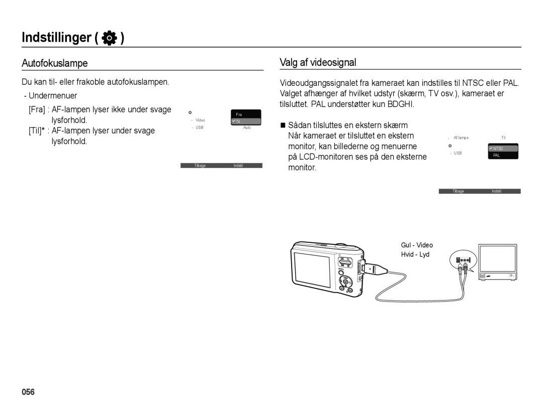 Samsung EC-ES65ZZBPSE2 Autofokuslampe Valg af videosignal, Du kan til- eller frakoble autofokuslampen Undermenuer, Monitor 