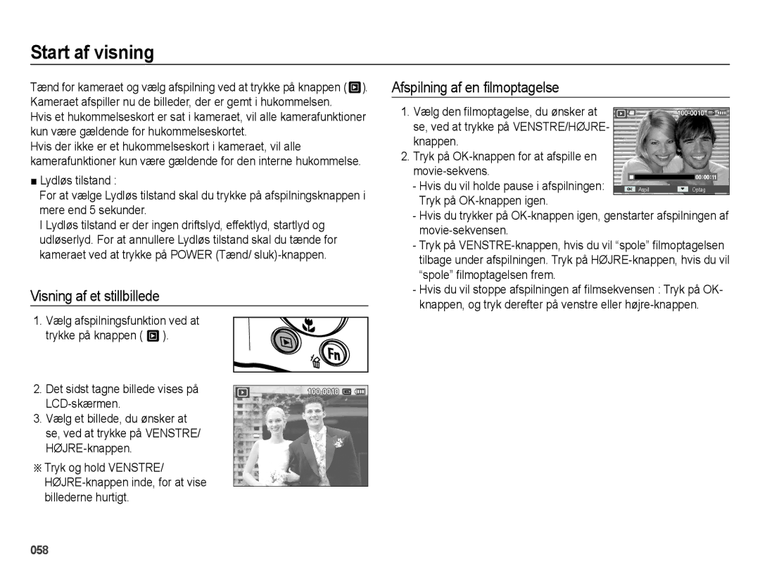 Samsung EC-ES65ZZBPBE2, EC-ES65ZZBPSE2 manual Start af visning, Visning af et stillbillede, Afspilning af en ﬁlmoptagelse 