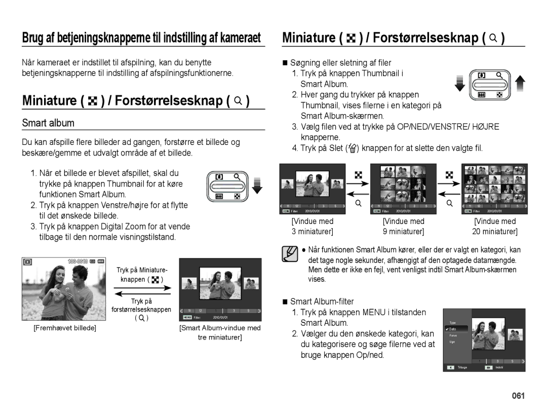 Samsung EC-ES65ZZBPBE2, EC-ES65ZZBPSE2 Miniature º / Forstørrelsesknap í, Smart album, Søgning eller sletning af filer 