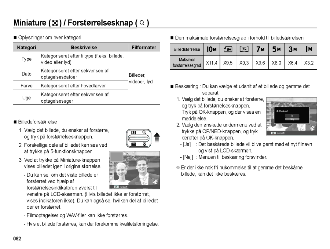 Samsung EC-ES65ZZBPSE2, EC-ES65ZZBPPE2, EC-ES65ZZBPBE2 manual Oplysninger om hver kategori, Billedeforstørrelse, Meddelelse 