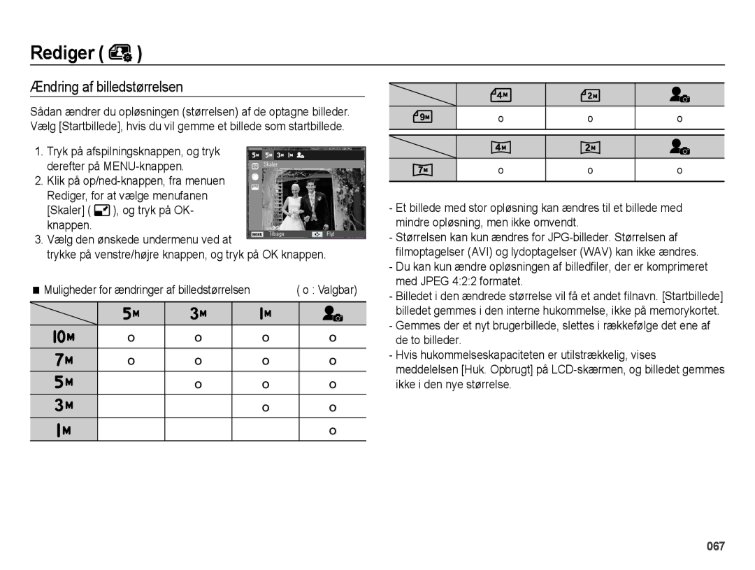 Samsung EC-ES65ZZBPBE2, EC-ES65ZZBPSE2 Ændring af billedstørrelsen, Rediger, for at vælge menufanen Skaler, Knappen 