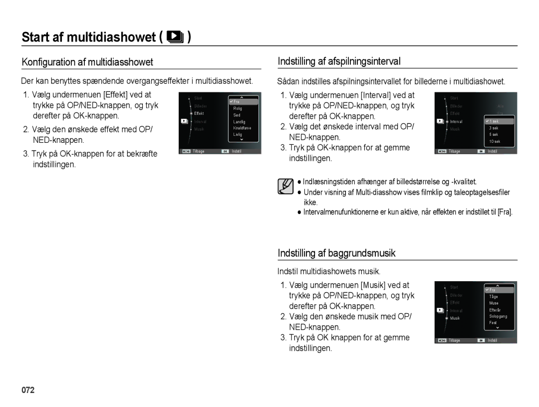 Samsung EC-ES65ZZBPPE2 Konﬁguration af multidiasshowet, Indstilling af afspilningsinterval, Indstilling af baggrundsmusik 