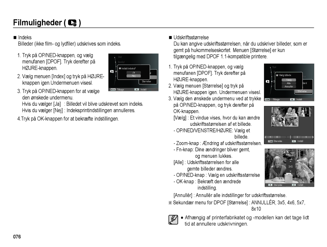 Samsung EC-ES65ZZBPBE2, EC-ES65ZZBPSE2 Indeks Billeder ikke film- og lydfiler udskrives som indeks, Den ønskede undermenu 