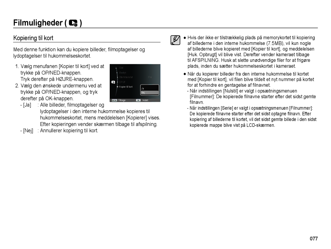 Samsung EC-ES65ZZBPSE2, EC-ES65ZZBPPE2 manual Kopiering til kort, Trykke på OP/NED-knappen, Tryk derefter på HØJRE-knappen 