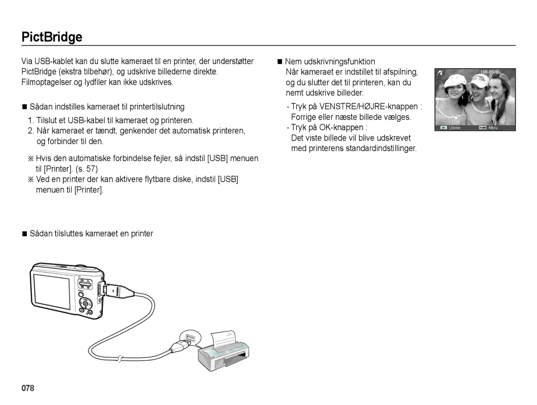 Samsung EC-ES65ZZBPPE2, EC-ES65ZZBPSE2, EC-ES65ZZBPBE2 manual PictBridge, Tryk på OK-knappen 