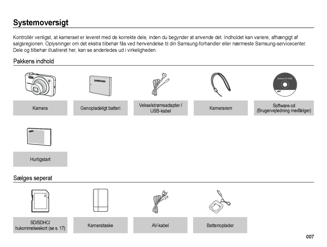 Samsung EC-ES65ZZBPBE2, EC-ES65ZZBPSE2, EC-ES65ZZBPPE2 manual Systemoversigt, Pakkens indhold, Sælges seperat 