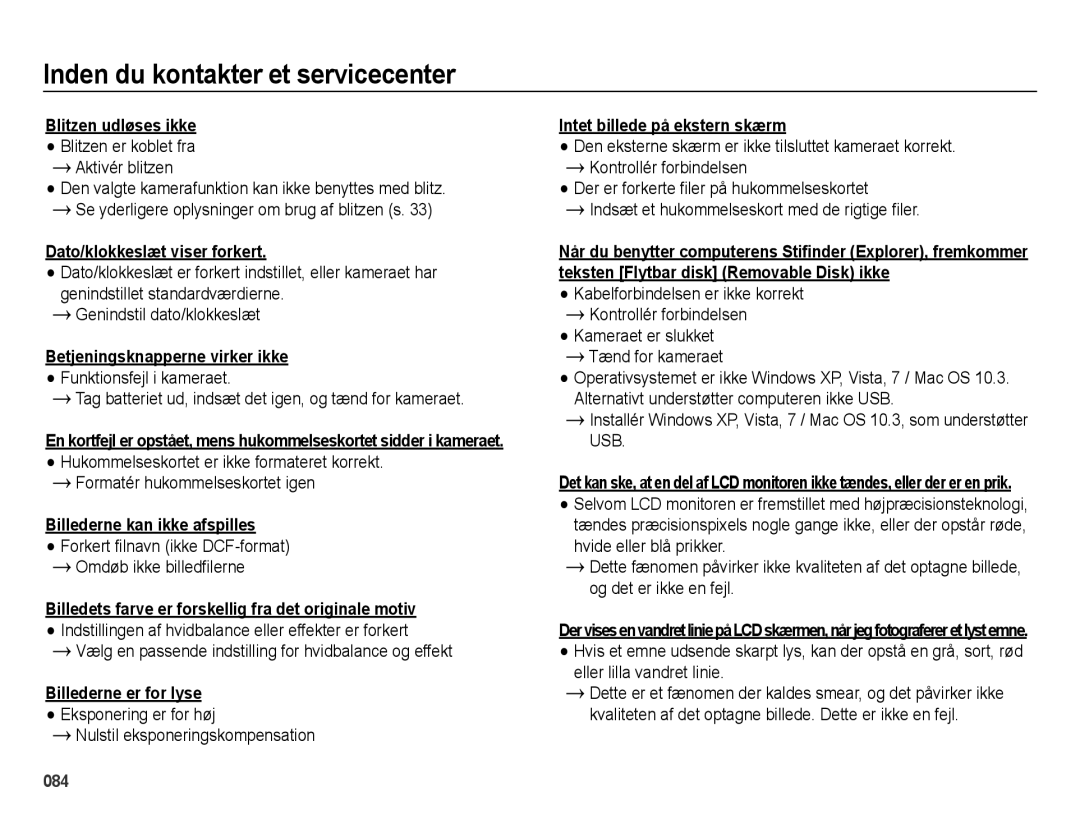 Samsung EC-ES65ZZBPPE2 manual Dato/klokkeslæt viser forkert, Betjeningsknapperne virker ikke, Billederne kan ikke afspilles 