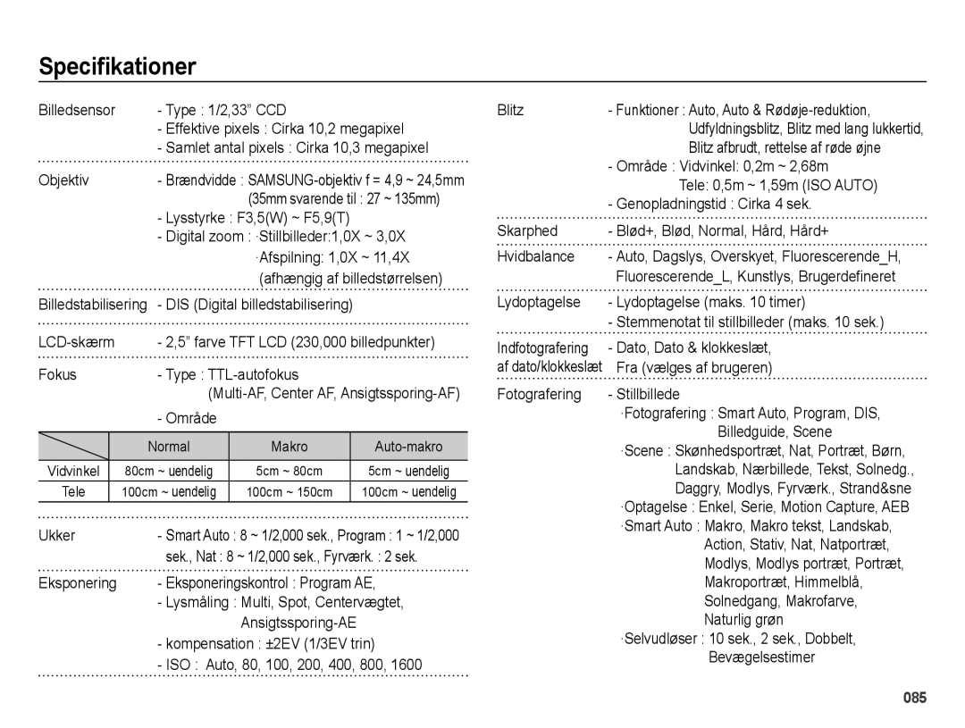 Samsung EC-ES65ZZBPBE2, EC-ES65ZZBPSE2, EC-ES65ZZBPPE2 manual Speciﬁkationer 