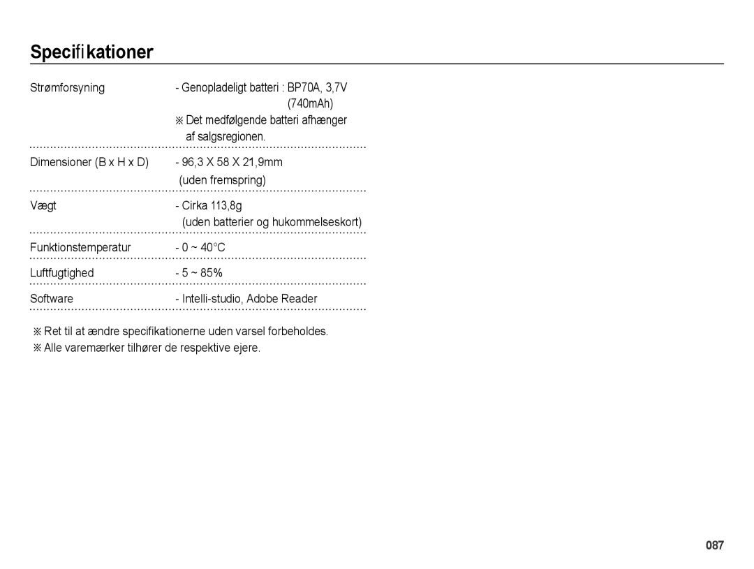 Samsung EC-ES65ZZBPPE2 Strømforsyning, 740mAh, Af salgsregionen, 96,3 X 58 X 21,9mm, Uden fremspring, Vægt Cirka 113,8g 