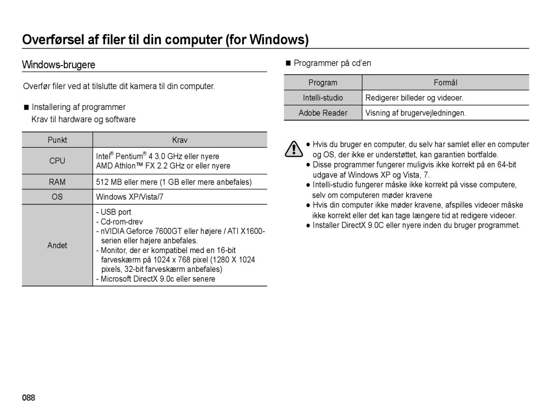 Samsung EC-ES65ZZBPBE2 manual Overførsel af ﬁler til din computer for Windows, Windows-brugere, Programmer på cd’en 