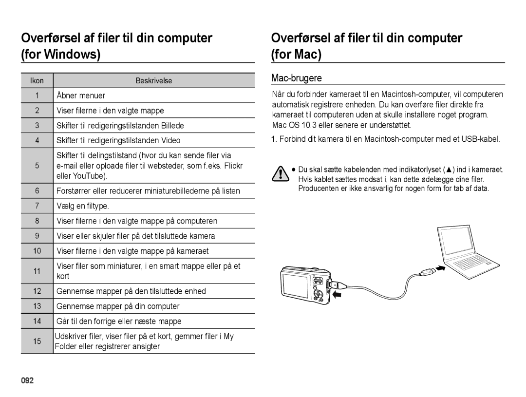 Samsung EC-ES65ZZBPSE2, EC-ES65ZZBPPE2, EC-ES65ZZBPBE2 manual Overførsel af ﬁler til din computer for Mac, Mac-brugere 