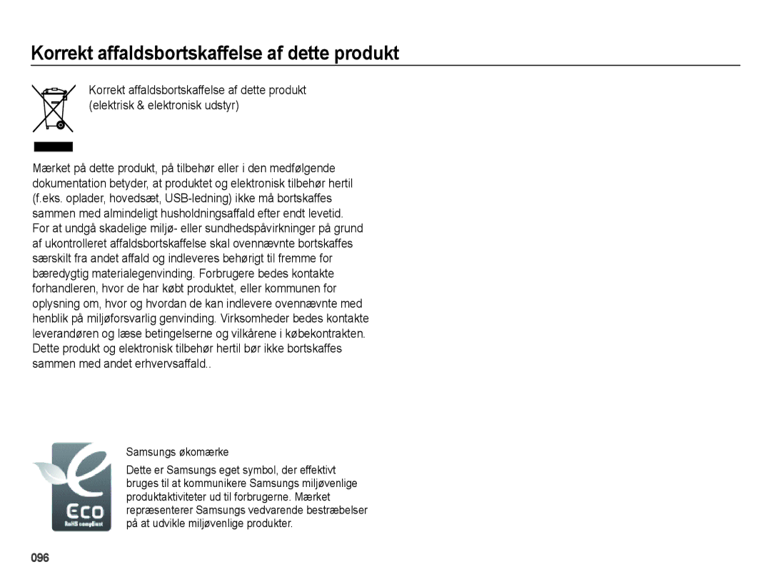 Samsung EC-ES65ZZBPPE2, EC-ES65ZZBPSE2, EC-ES65ZZBPBE2 Korrekt affaldsbortskaffelse af dette produkt, Samsungs økomærke 