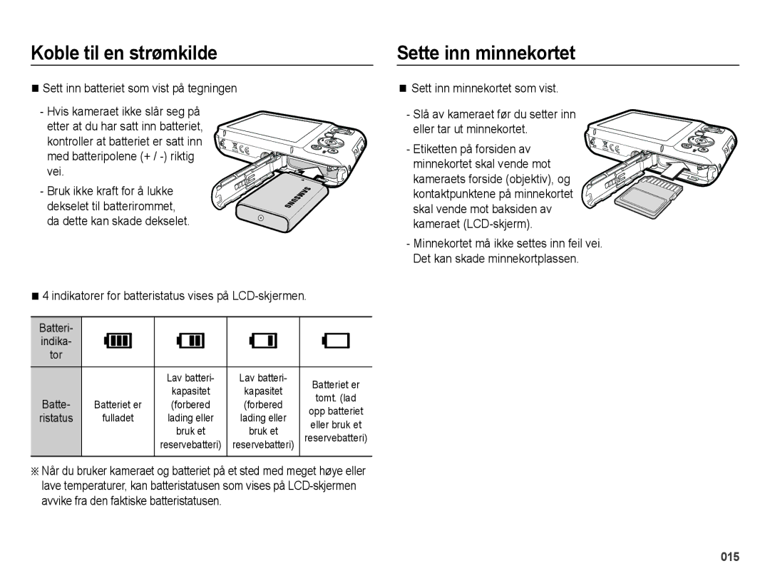 Samsung EC-ES65ZZBPPE2 Sette inn minnekortet, Sett inn batteriet som vist på tegningen, Sett inn minnekortet som vist 