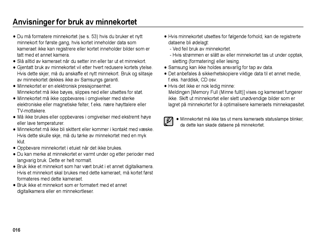 Samsung EC-ES65ZZBPBE2, EC-ES65ZZBPSE2, EC-ES65ZZBPPE2 manual Anvisninger for bruk av minnekortet 