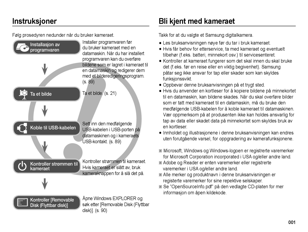 Samsung EC-ES65ZZBPBE2 manual Instruksjoner, Bli kjent med kameraet, Følg prosedyren nedunder når du bruker kameraet 