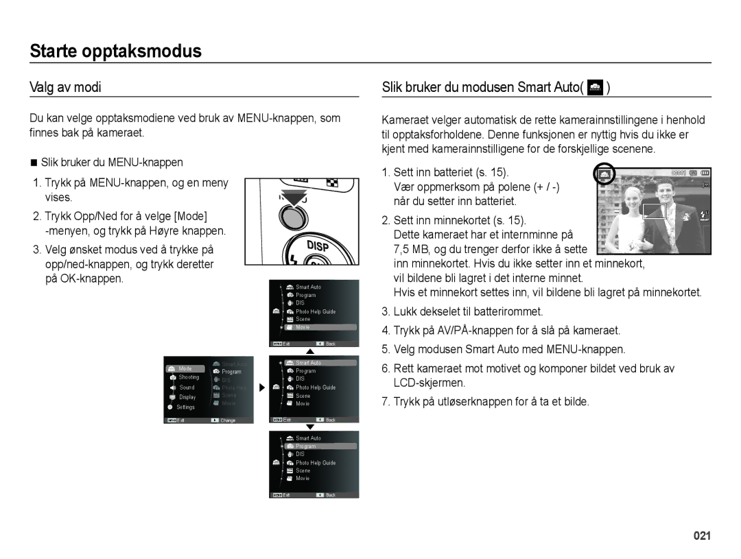 Samsung EC-ES65ZZBPPE2, EC-ES65ZZBPSE2, EC-ES65ZZBPBE2 Starte opptaksmodus, Valg av modi, Slik bruker du modusen Smart Auto 