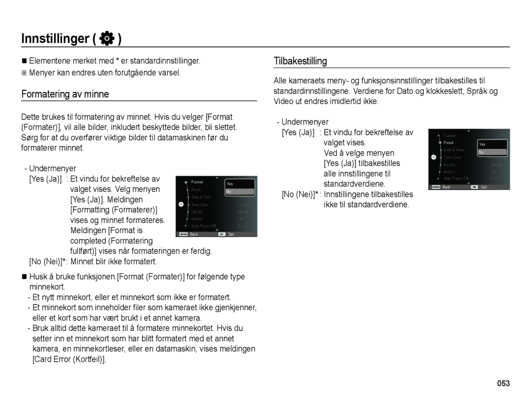 Samsung EC-ES65ZZBPSE2, EC-ES65ZZBPPE2, EC-ES65ZZBPBE2 manual Innstillinger, Formatering av minne Tilbakestilling 