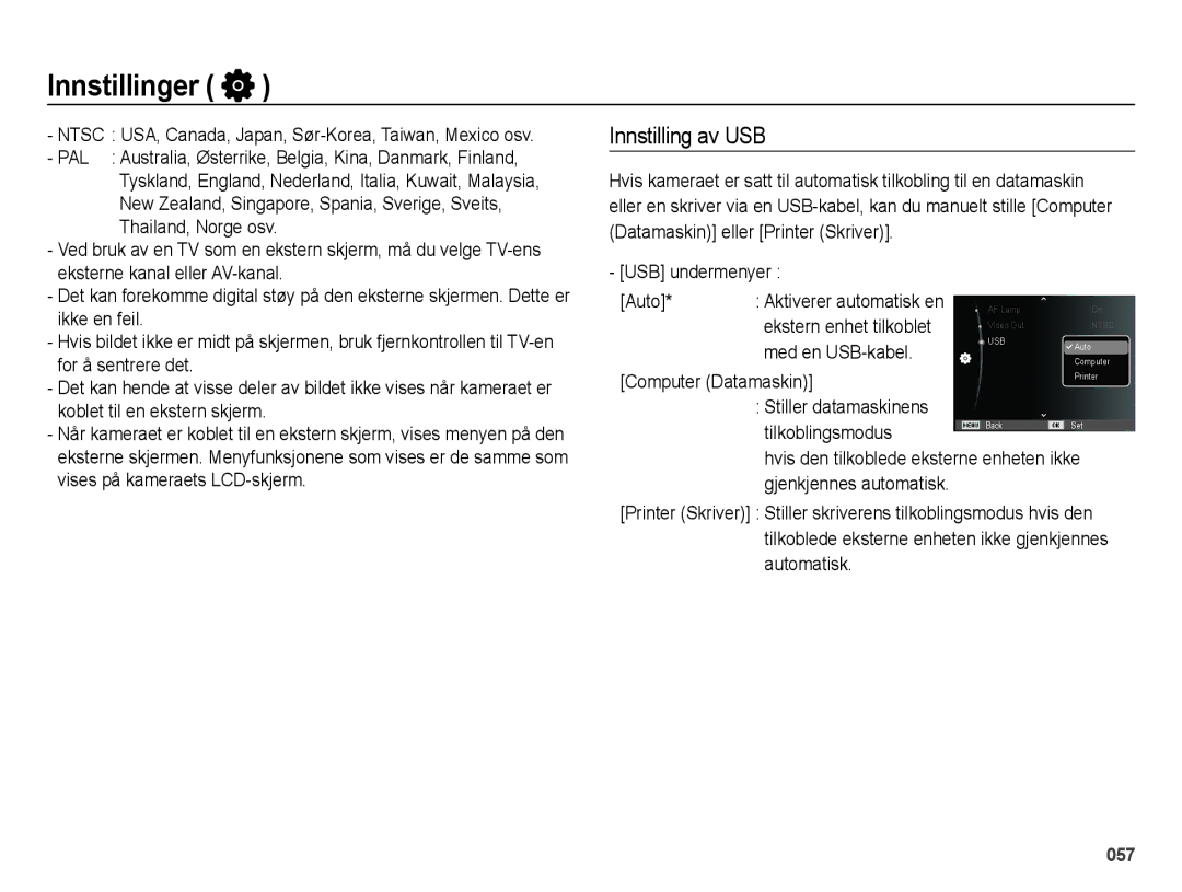 Samsung EC-ES65ZZBPPE2, EC-ES65ZZBPSE2, EC-ES65ZZBPBE2 manual Innstilling av USB 