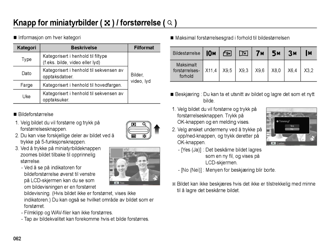 Samsung EC-ES65ZZBPSE2, EC-ES65ZZBPPE2 manual Knapp for miniatyrbilder º / forstørrelse í, Informasjon om hver kategori 