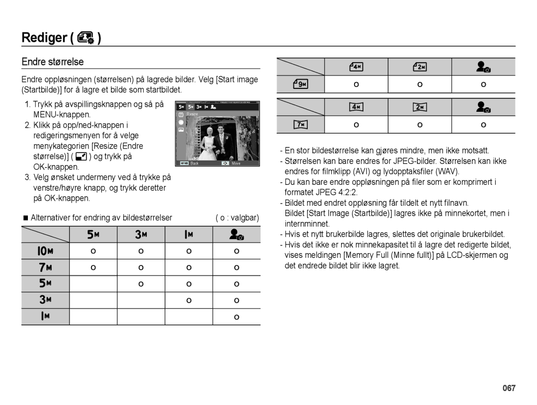 Samsung EC-ES65ZZBPBE2, EC-ES65ZZBPSE2, EC-ES65ZZBPPE2 manual Rediger, Endre størrelse 