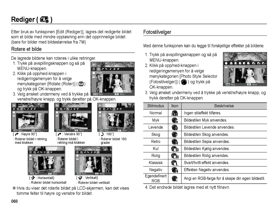 Samsung EC-ES65ZZBPSE2 manual Rotere et bilde, MENU-knappen Klikk på opp/ned-knappen, Redigeringsmenyen for å velge 