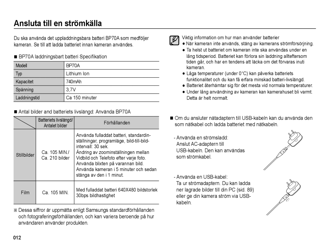 Samsung EC-ES65ZZBPPE2, EC-ES65ZZBPSE2, EC-ES65ZZBPBE2 Ansluta till en strömkälla, BP70A laddningsbart batteri Speciﬁkation 