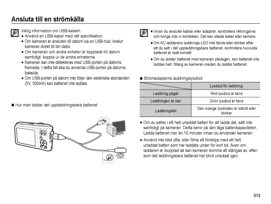 Samsung EC-ES65ZZBPBE2, EC-ES65ZZBPSE2, EC-ES65ZZBPPE2 manual Strömadapterns laddningslysdiod, Lysdiod för laddning 