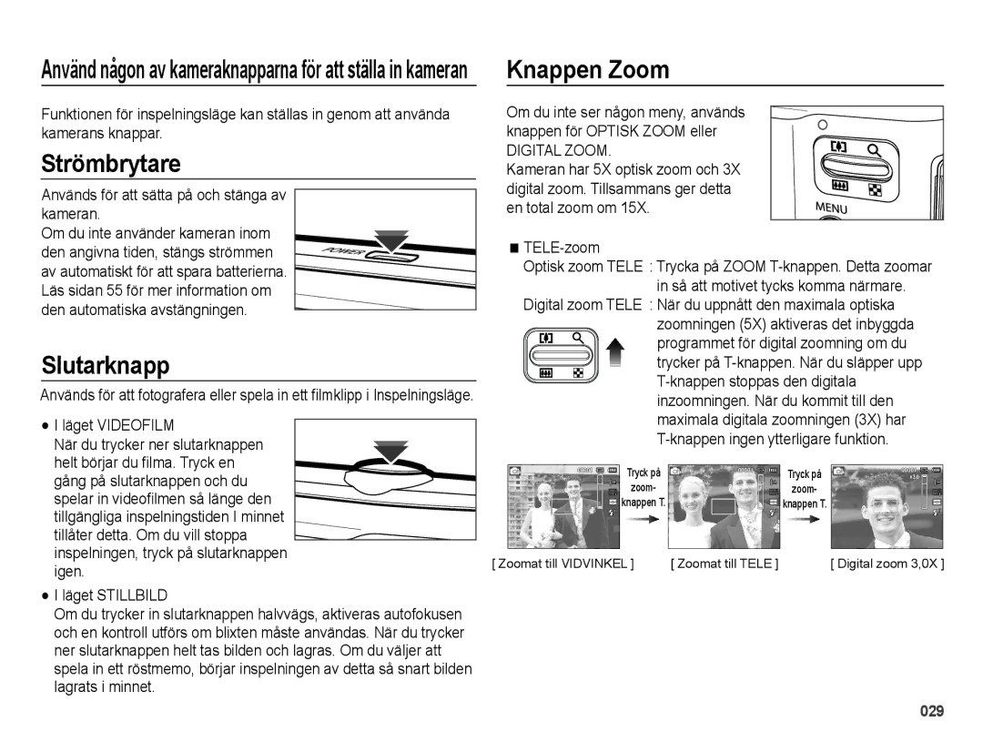 Samsung EC-ES65ZZBPSE2, EC-ES65ZZBPPE2, EC-ES65ZZBPBE2 manual Strömbrytare, Slutarknapp, Läget Videofilm, TELE-zoom 