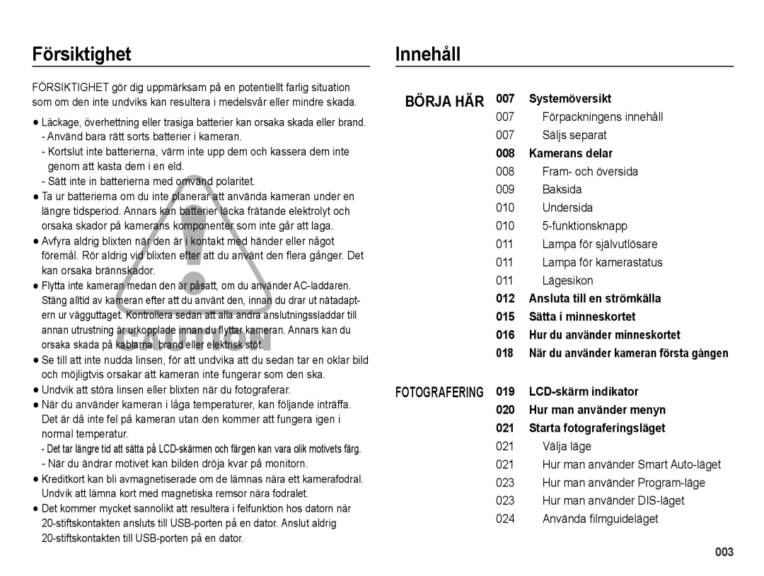 Samsung EC-ES65ZZBPPE2 manual Försiktighet Innehåll, Systemöversikt, 007 Förpackningens innehåll 007 Säljs separat 