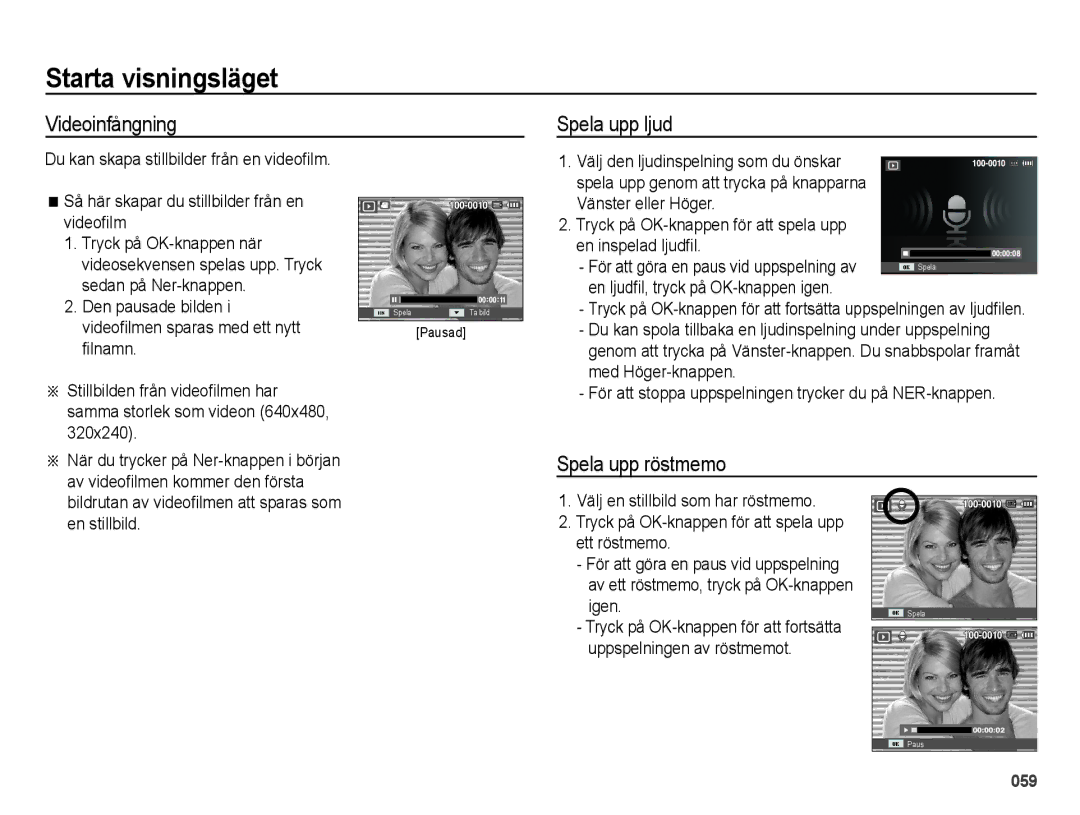 Samsung EC-ES65ZZBPSE2, EC-ES65ZZBPPE2, EC-ES65ZZBPBE2 manual Videoinfångning, Spela upp ljud, Spela upp röstmemo 