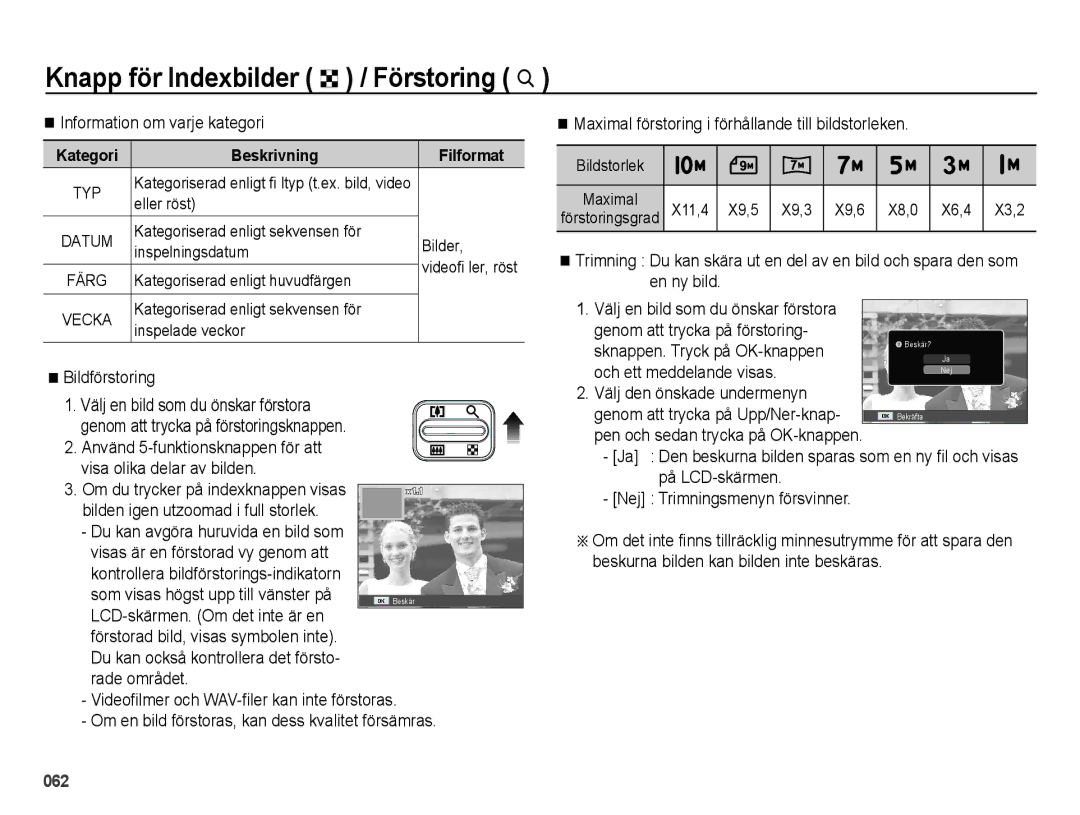 Samsung EC-ES65ZZBPSE2 manual Knapp för Indexbilder º / Förstoring í, Information om varje kategori, Bildförstoring 