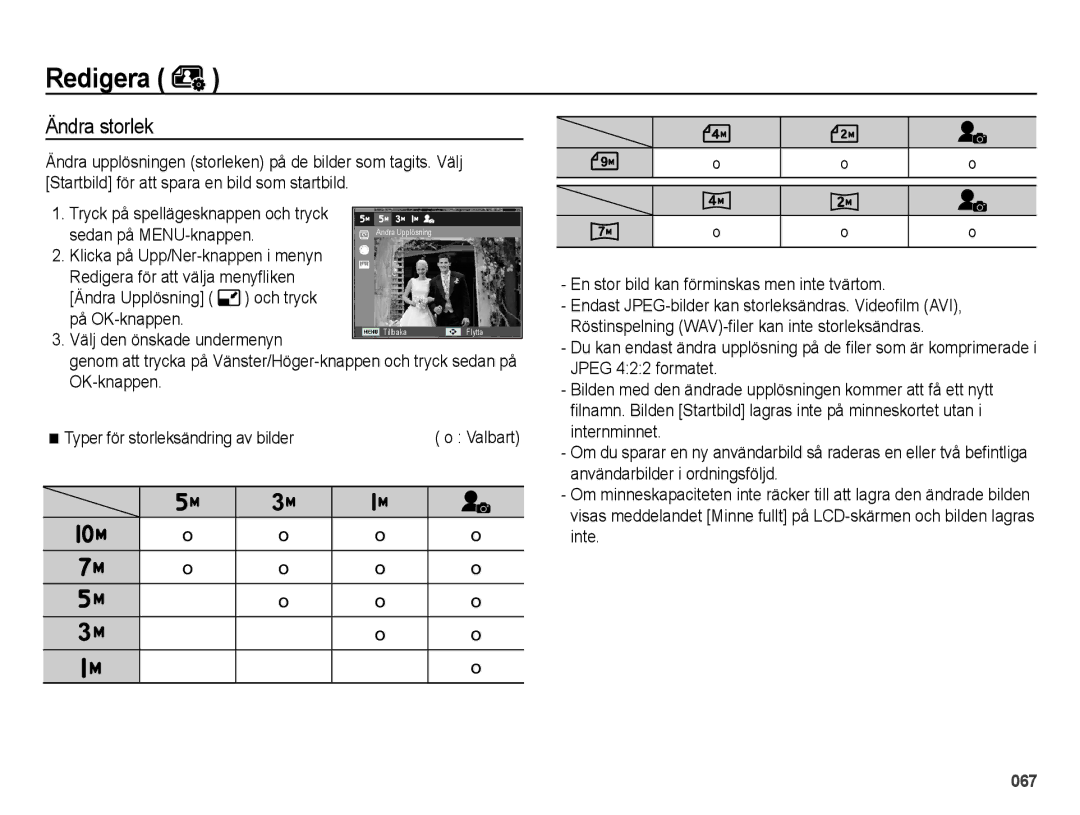 Samsung EC-ES65ZZBPBE2 Redigera, Ändra storlek, Sedan på MENU-knappen, OK-knappen Typer för storleksändring av bilder 