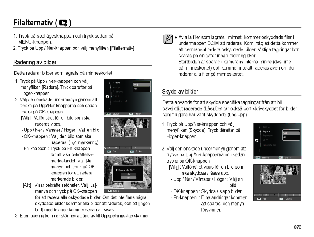 Samsung EC-ES65ZZBPBE2, EC-ES65ZZBPSE2 manual Filalternativ, Radering av bilder, Skydd av bilder, Ska skyddas / låsas upp 