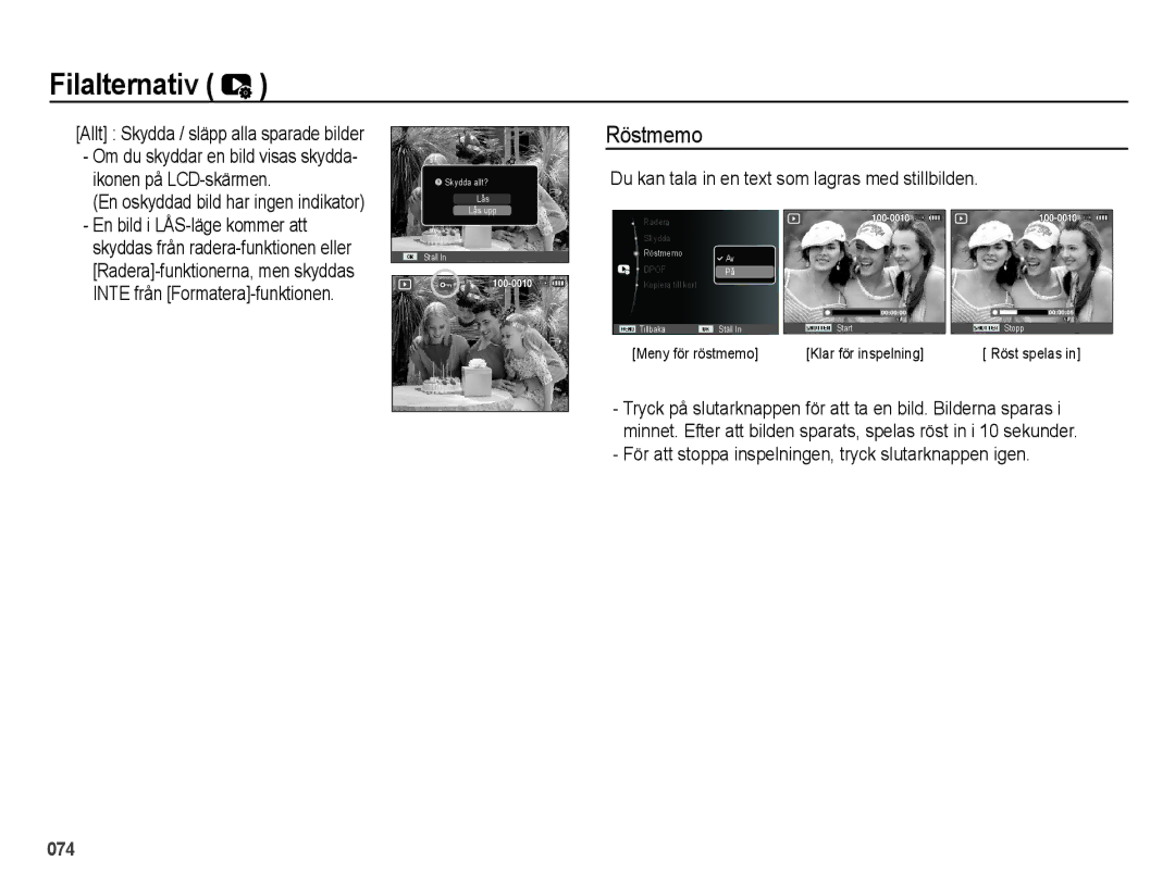 Samsung EC-ES65ZZBPSE2 Röstmemo, Du kan tala in en text som lagras med stillbilden, En oskyddad bild har ingen indikator 