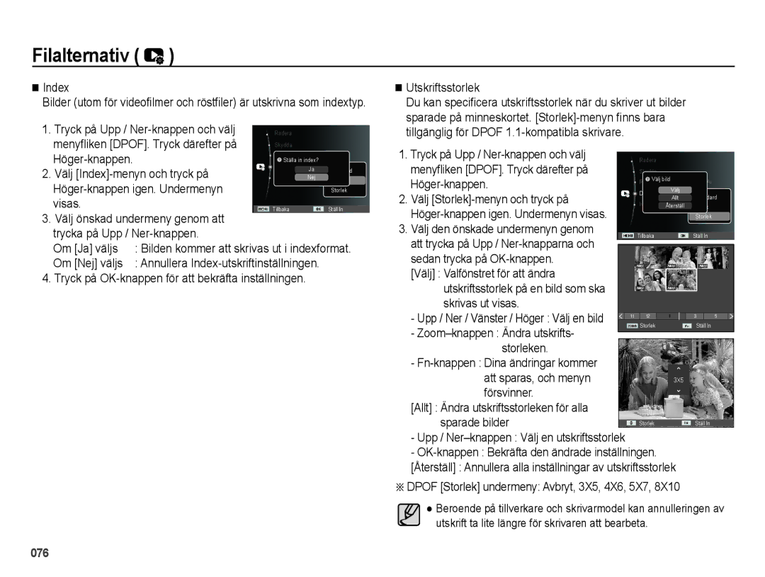 Samsung EC-ES65ZZBPBE2 manual Index, Tryck på Upp / Ner-knappen och välj, Menyfliken DPOF. Tryck därefter på, Om Ja väljs 