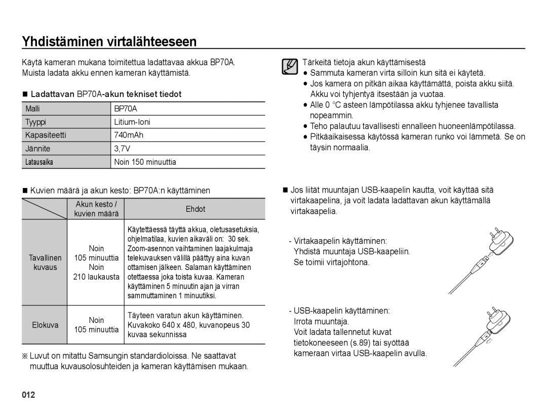 Samsung EC-ES65ZZBPPE2, EC-ES65ZZBPSE2, EC-ES65ZZBPBE2 Yhdistäminen virtalähteeseen, Ladattavan BP70A-akun tekniset tiedot 