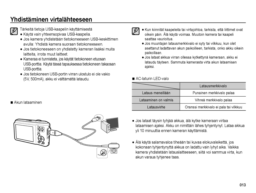 Samsung EC-ES65ZZBPBE2, EC-ES65ZZBPSE2, EC-ES65ZZBPPE2 manual Akun lataaminen, AC-laturin LED-valo, Latausmerkkivalo 