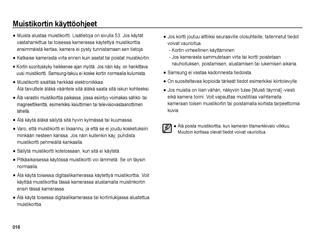 Samsung EC-ES65ZZBPBE2, EC-ES65ZZBPSE2 manual Muistikortin käyttöohjeet, Muistikortti sisältää herkkää elektroniikkaa 