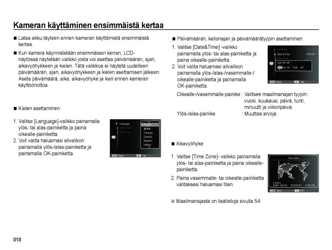 Samsung EC-ES65ZZBPPE2 Kameran käyttäminen ensimmäistä kertaa, Kielen asettaminen, Minuutti ja viikonpäivä, Aikavyöhyke 