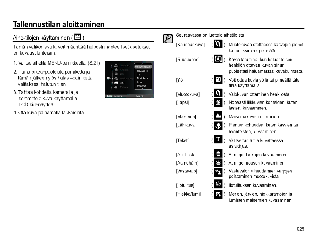 Samsung EC-ES65ZZBPBE2, EC-ES65ZZBPSE2, EC-ES65ZZBPPE2 manual Aihe-tilojen käyttäminen 