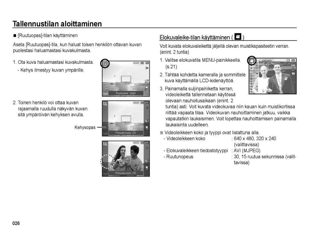 Samsung EC-ES65ZZBPSE2, EC-ES65ZZBPPE2, EC-ES65ZZBPBE2 manual Elokuvaleike-tilan käyttäminen, Ruutunopeus, Tavissa, Kehysopas 