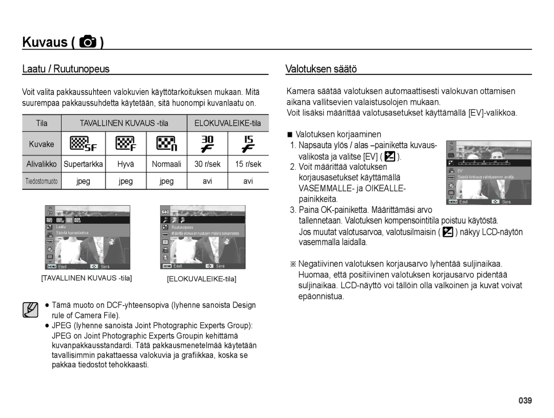 Samsung EC-ES65ZZBPPE2, EC-ES65ZZBPSE2 Laatu / Ruutunopeus, Valotuksen säätö, Tila Tavallinen Kuvaus -tila, 30 r/sek, Avi 