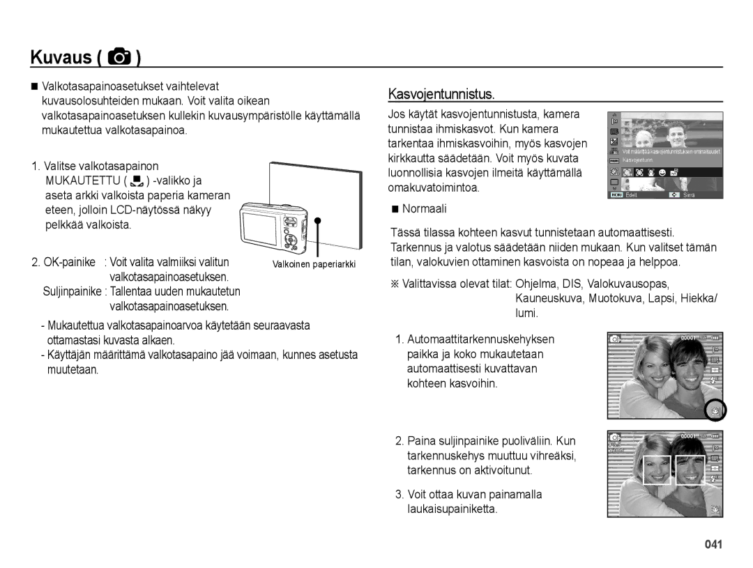 Samsung EC-ES65ZZBPSE2, EC-ES65ZZBPPE2 manual Kasvojentunnistus, Pelkkää valkoista, Normaali, Valkotasapainoasetuksen 